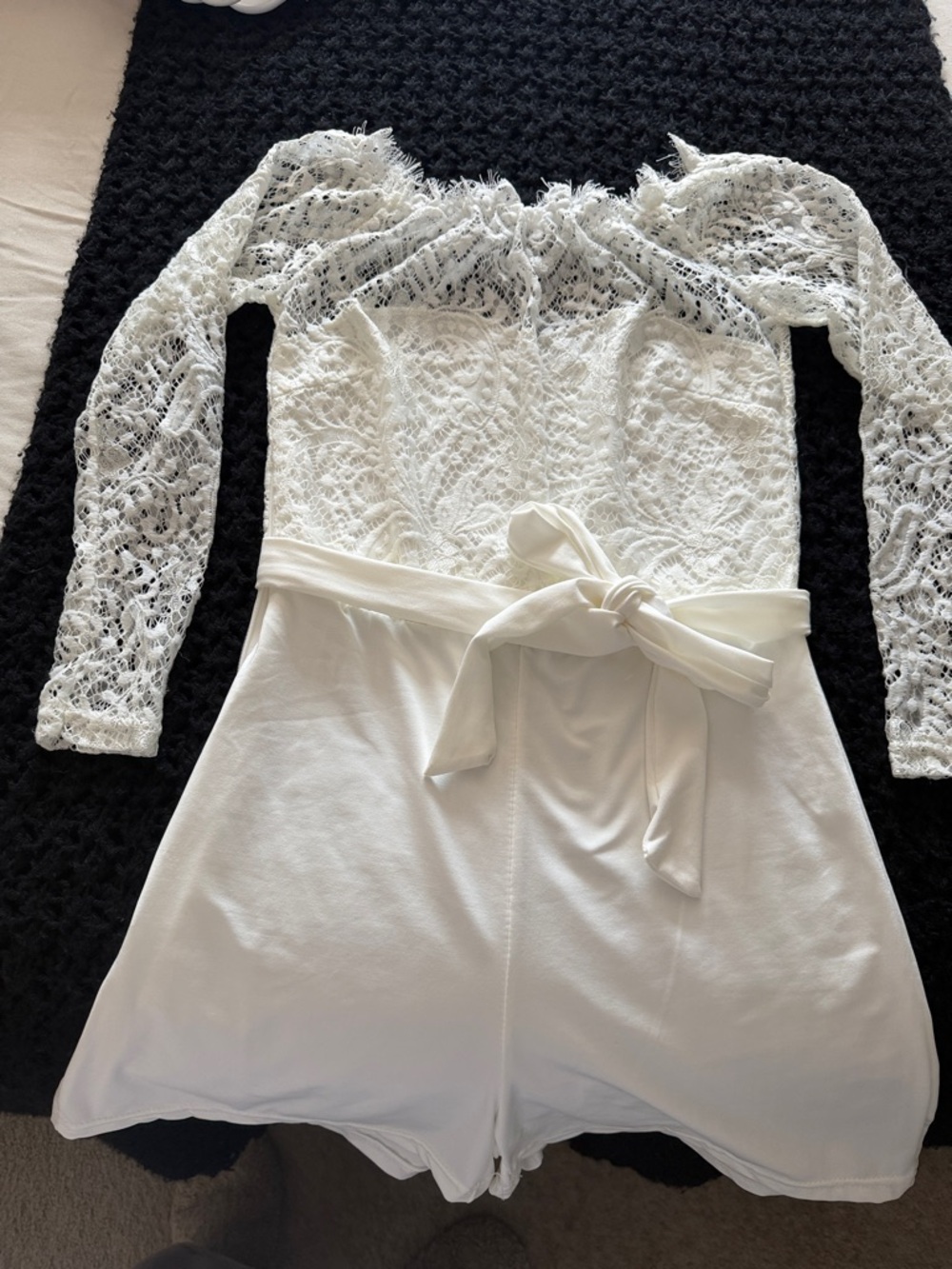 White Lace Off-Shoulder Romper with Tie Waist
